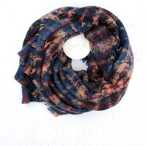 Winter blanket scarf with blue red and cream check design