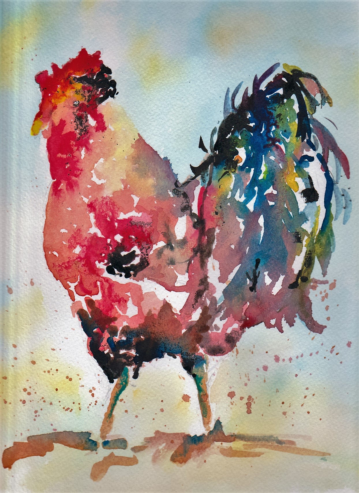 Watercolour multicolour cockerel art print