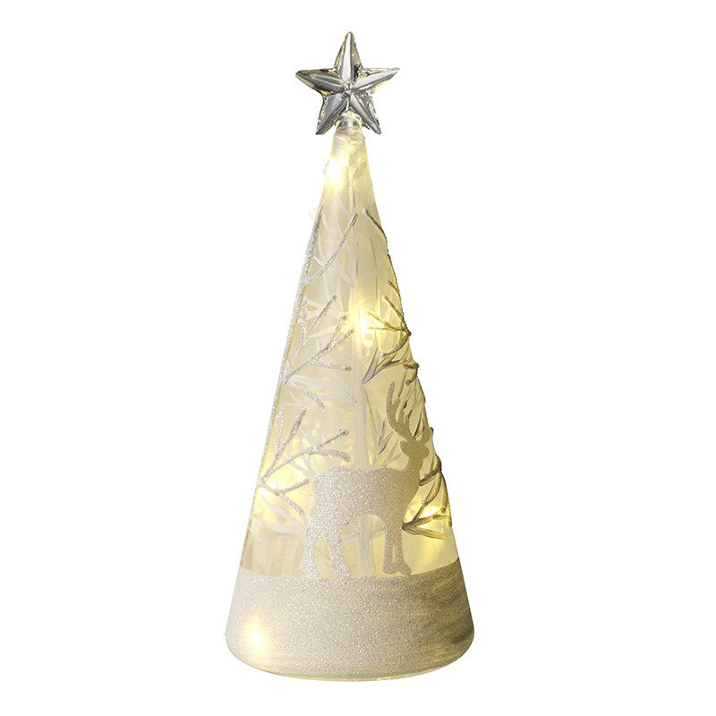Cone shaped glass LED lit tree decoration with star on top and stag and twigs glitter decoration