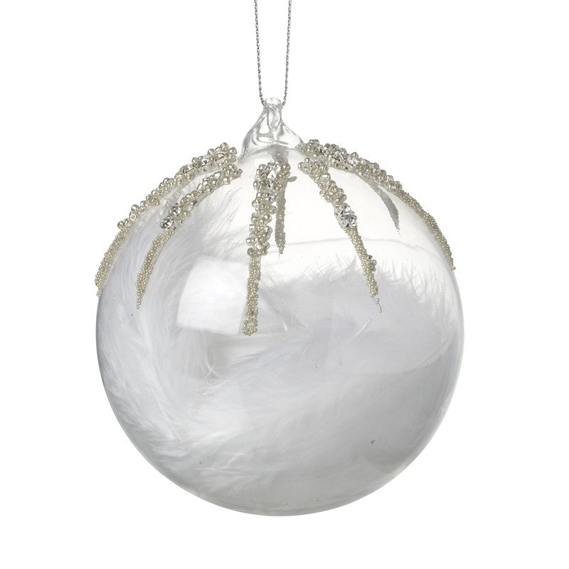 Feathers in bauble with silver crystal detail on top