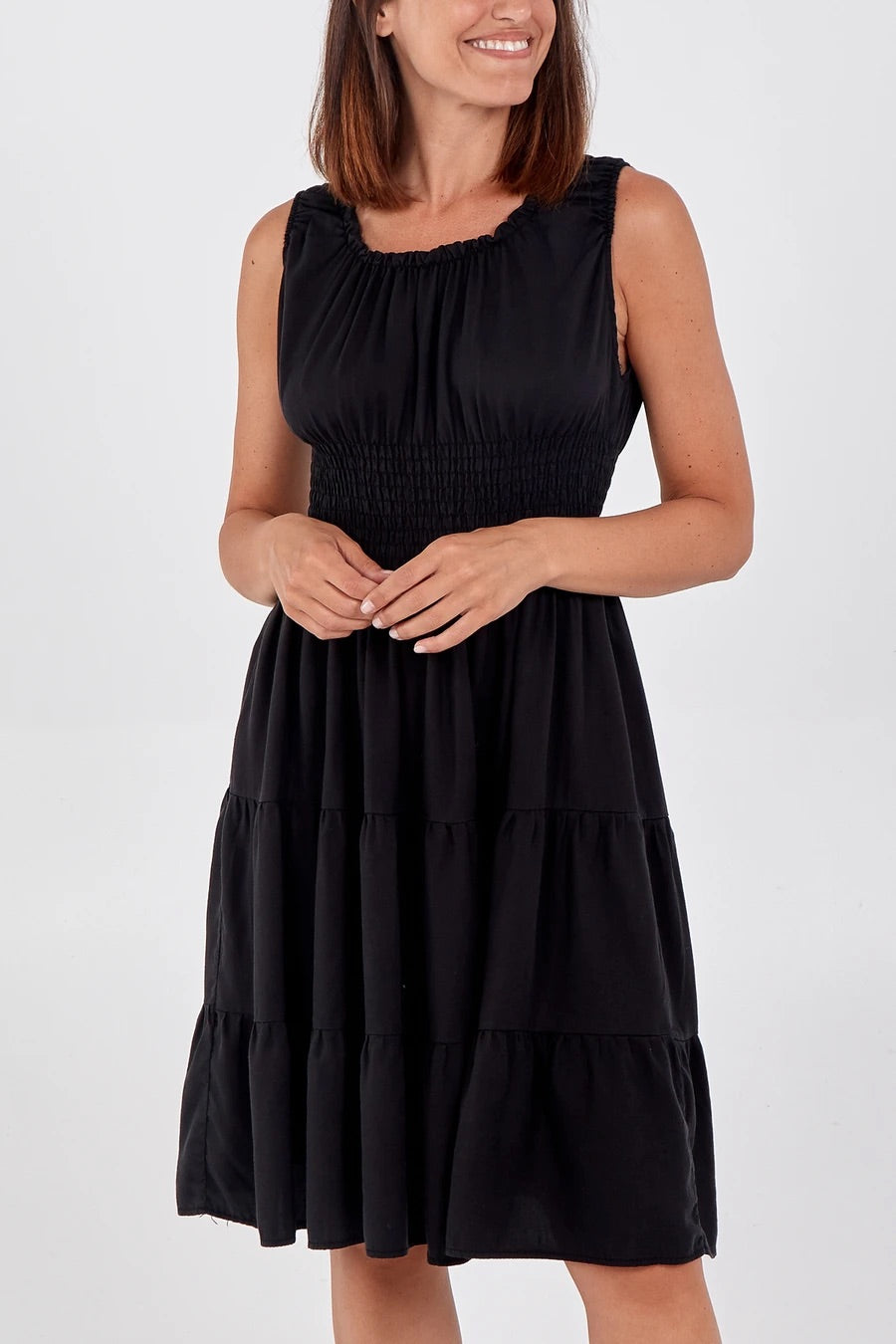 Black shirred waist tiered shoulder strap knee length summer dress 