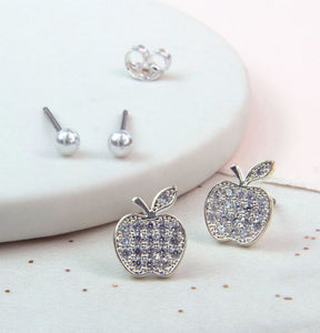 Apple studs with crystals inset and grey pearl stud earring set