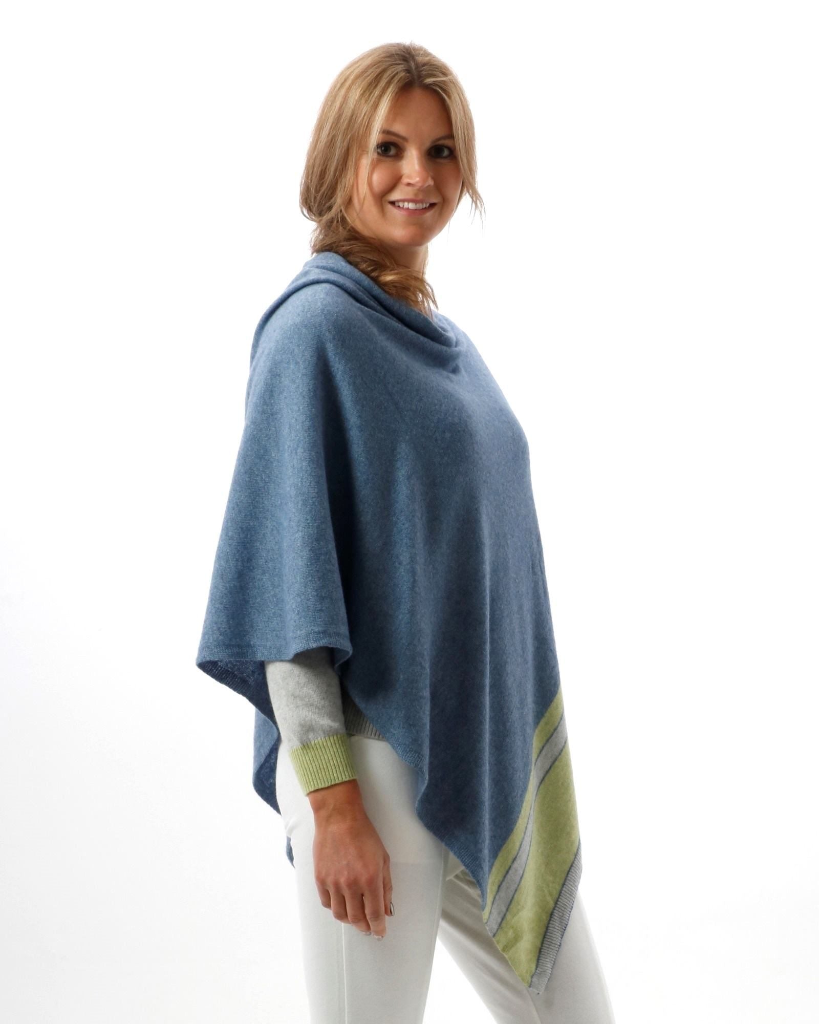 Denim blue cashmere blend poncho with lime edging