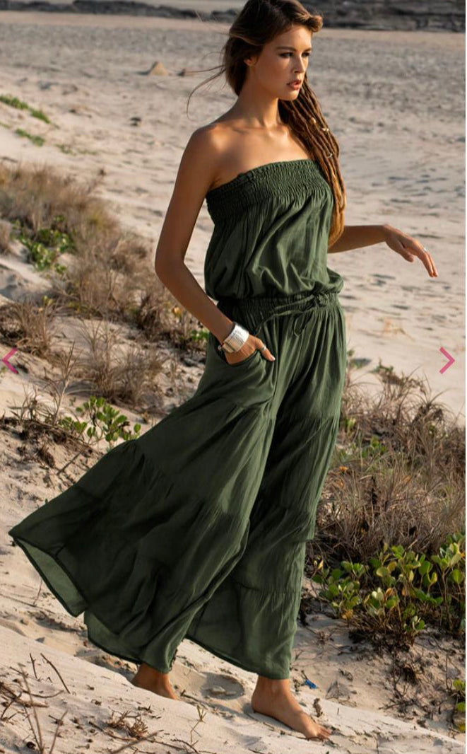 model wearing bardot style long wide leg summer cotton jumpsuit with tie waist in khaki