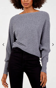 Model wearing a grey batwing long sleeve jumper