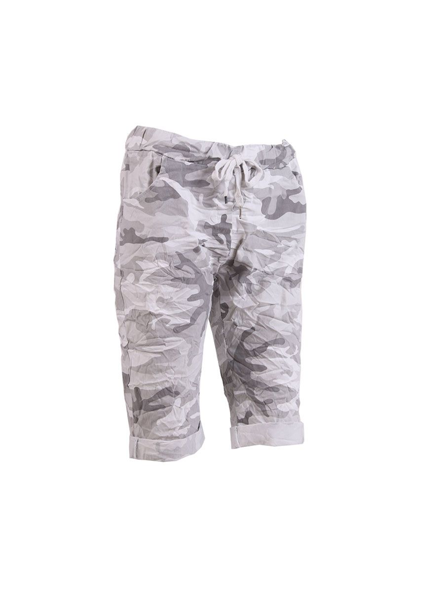 light grey camo magic stretch shorts with drawstring waist