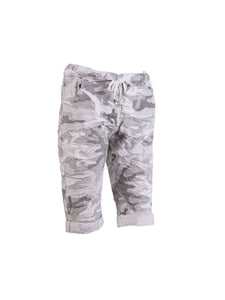 light grey camo magic stretch shorts with drawstring waist