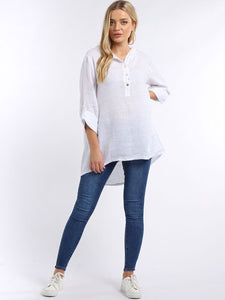 Dip Hem Linen Hoodie Top - White