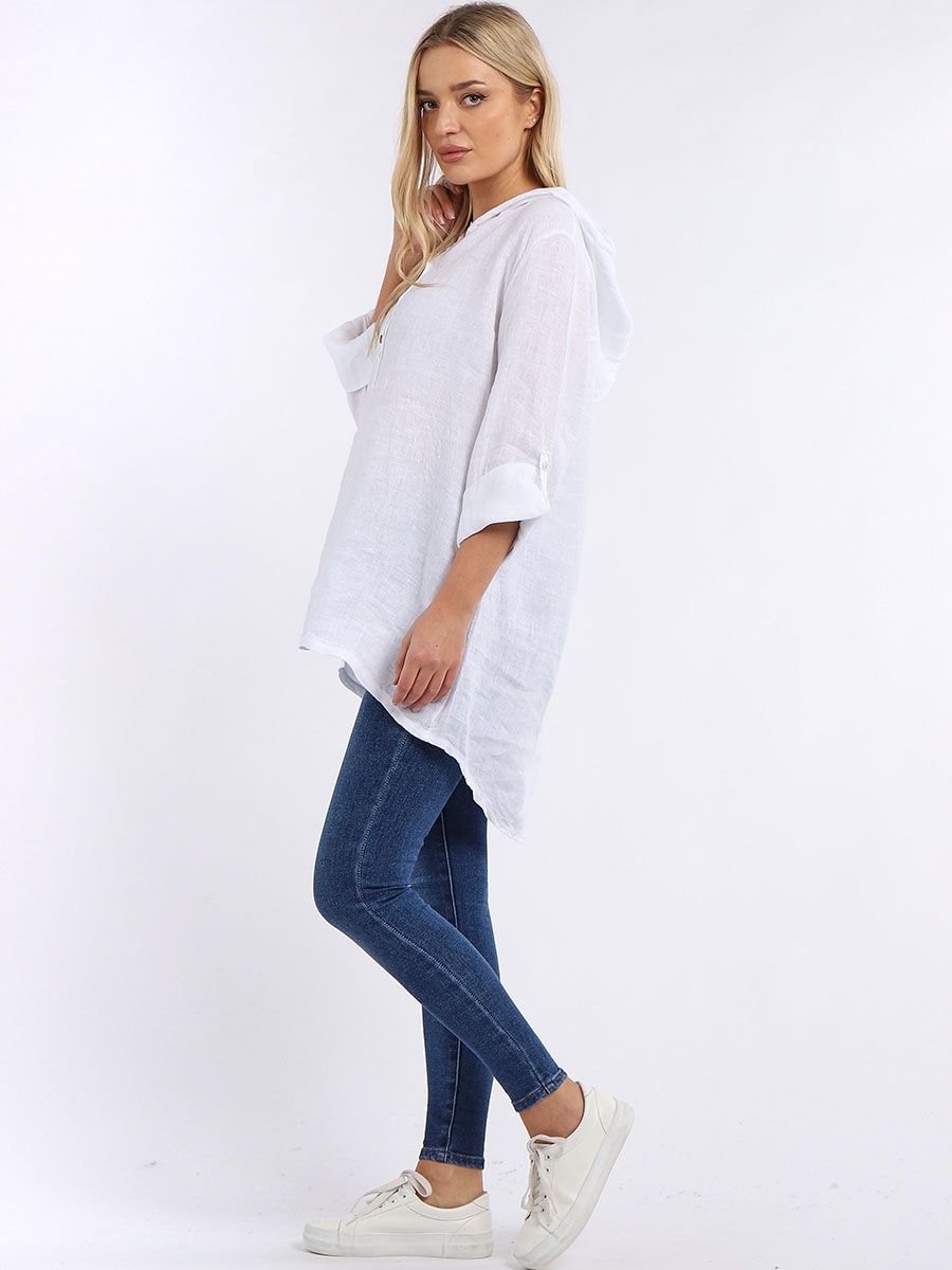Dip Hem Linen Hoodie Top - White