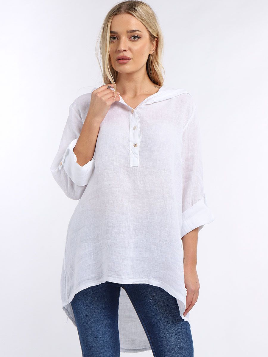 Dip Hem Linen Hoodie Top - White