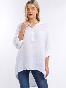 Dip Hem Linen Hoodie Top - White