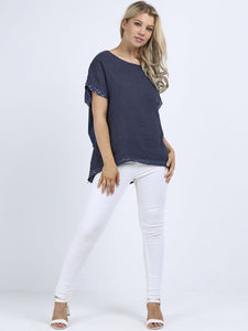 Navy linen lagenlook top with sequin trim