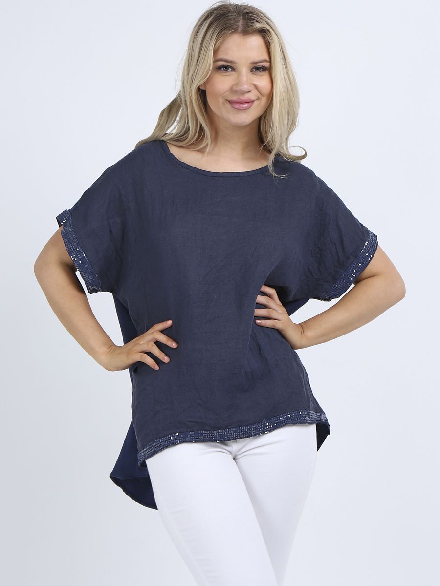 Dip Hem Linen Top With Sequin Trim - Navy