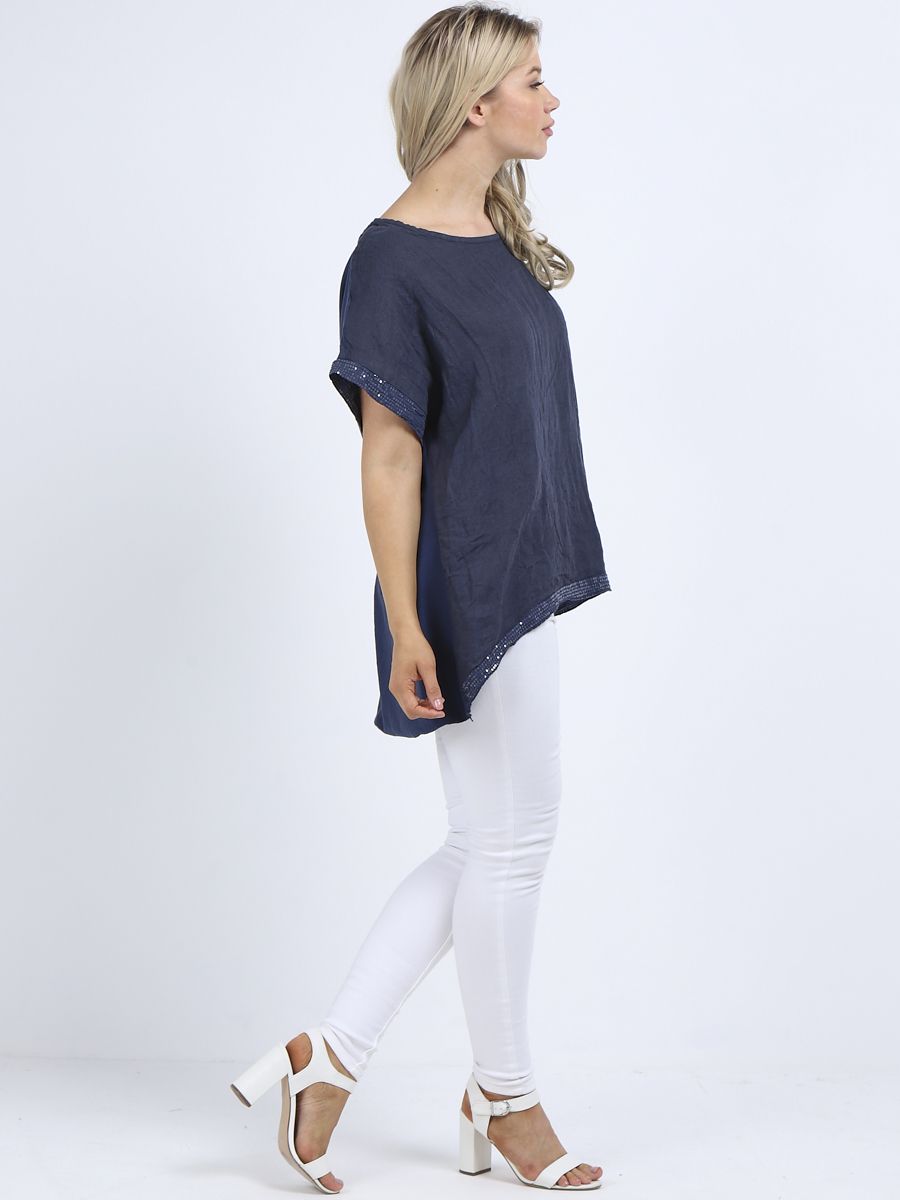 Dip Hem Linen Top With Sequin Trim - Navy