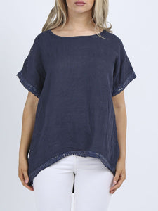 Dip Hem Linen Top With Sequin Trim - Navy