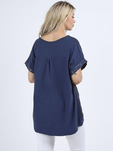 Dip Hem Linen Top With Sequin Trim - Navy