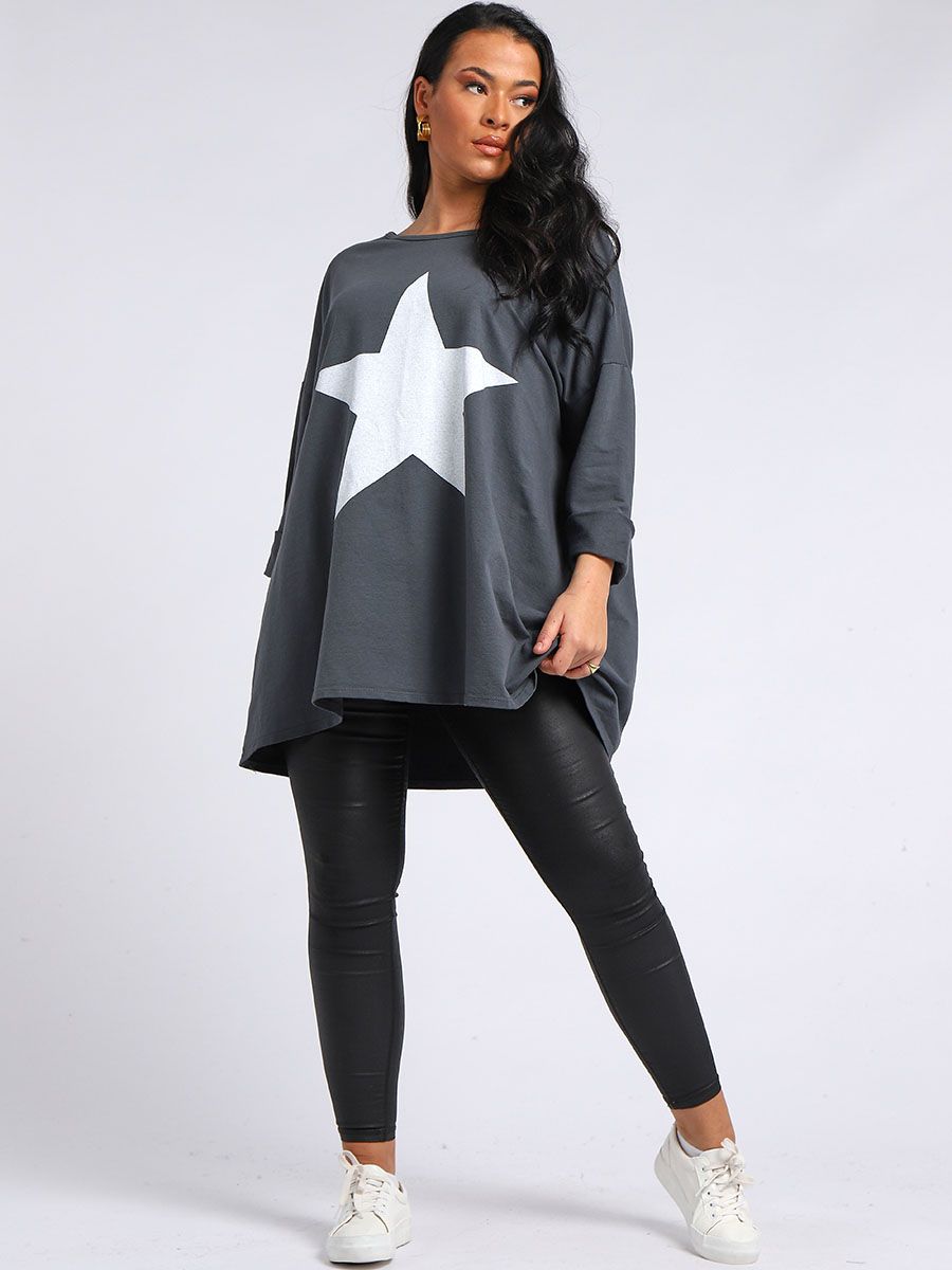 Star Print Plus Size Top - Charcoal