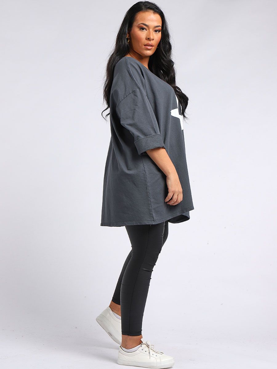 Star Print Plus Size Top Charcoal Service