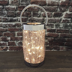 Tall chrome wire mesh plug in table lamp with intertwined fairy lights 