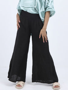 Linen Wide Leg Palazzo Trousers - Black