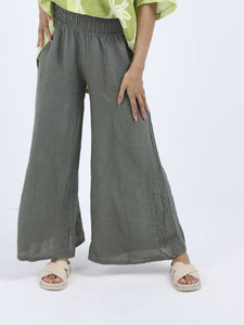 Linen Wide Leg Palazzo Trousers - Khaki