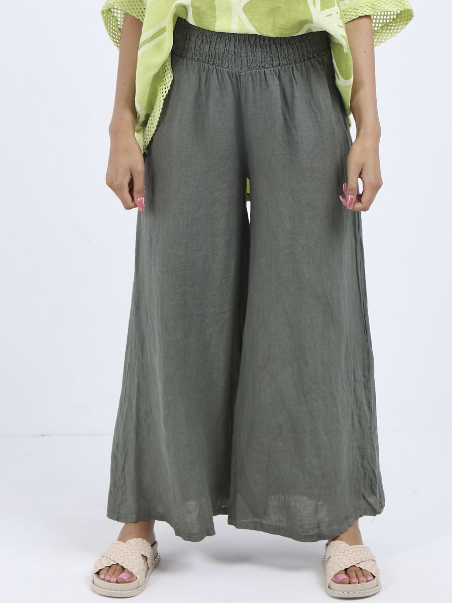 Linen Wide Leg Palazzo Trousers - Khaki