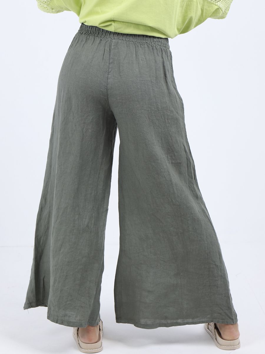 Linen Wide Leg Palazzo Trousers - Khaki