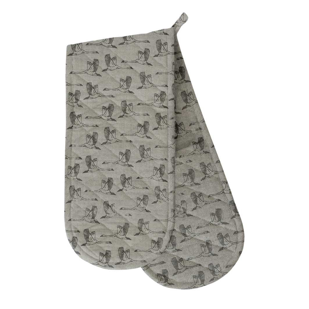 Grey double oven gloves with flying geese design