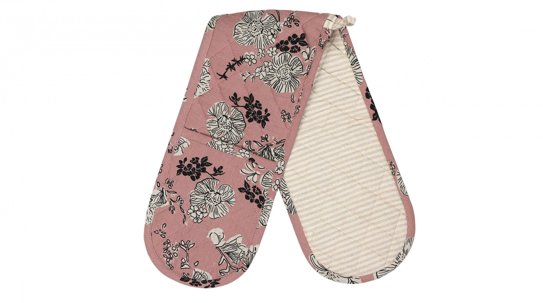 A light pink oven glove with rose design in black and white and pink stripe reverse side