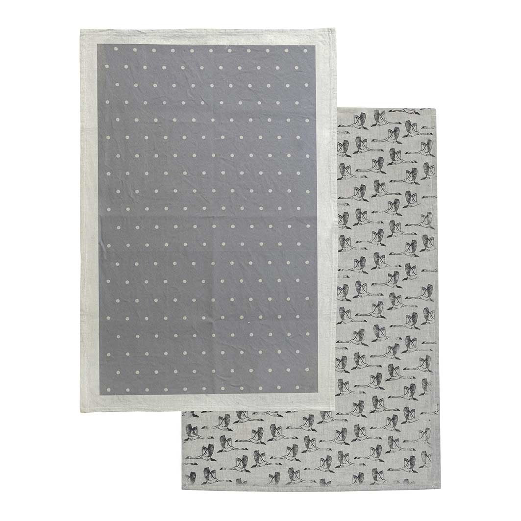 Set of two tea towels with flying geese design and grey and white spot design