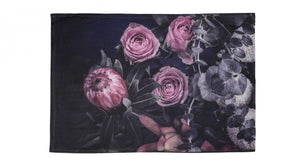 Cotton tea towel in navy with pink proteas and roses