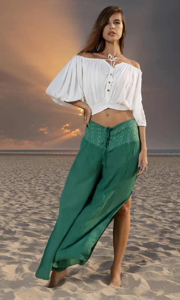 Wide Leg Boho Trousers Green Service