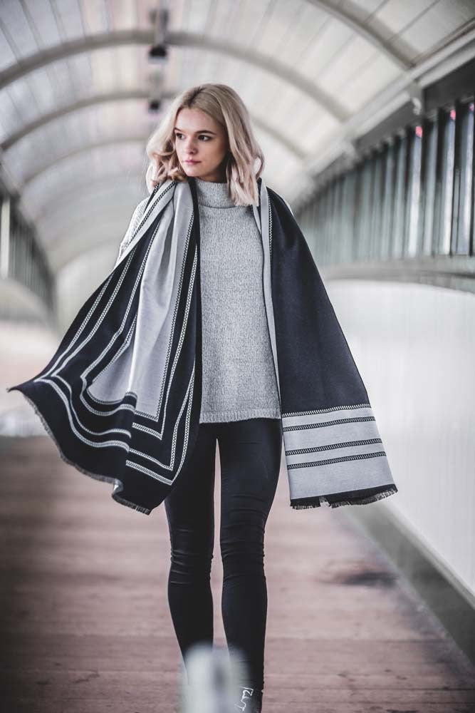 black and white selvedge edge reversible winter scarf