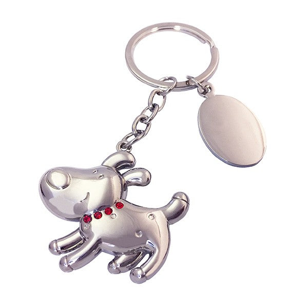 Silver dog keyring with red crystal collar and engravable disk